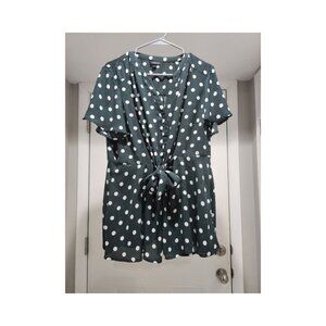 Torrid Green Chiffon Button-Up Blouse with White Polkadots